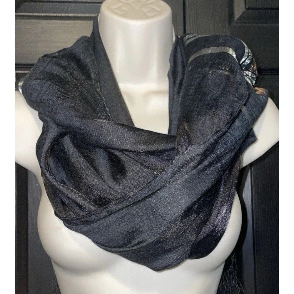 Black Pashmina Scarf Shawl Gold Silver Greek Key Metallic Fringe Evening Wrap